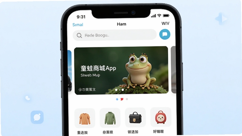 ͯ���̳�APP��ҳ����չʾ����������Ϊ�ֻ���Ļ�ڵ��̳���ҳ���������������ֲ�ͼ����Ʒ����ͼ�꣬����Ϊ��͵�ǳ��ɫ���䣬���������¼�࣬����Booguģ������