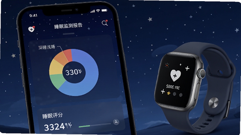 智跑生活app睡眠监测报告页面,手机屏幕显示深睡浅睡比例饼图和睡眠评分,背景为深蓝色夜空风格,旁边放置智能手表