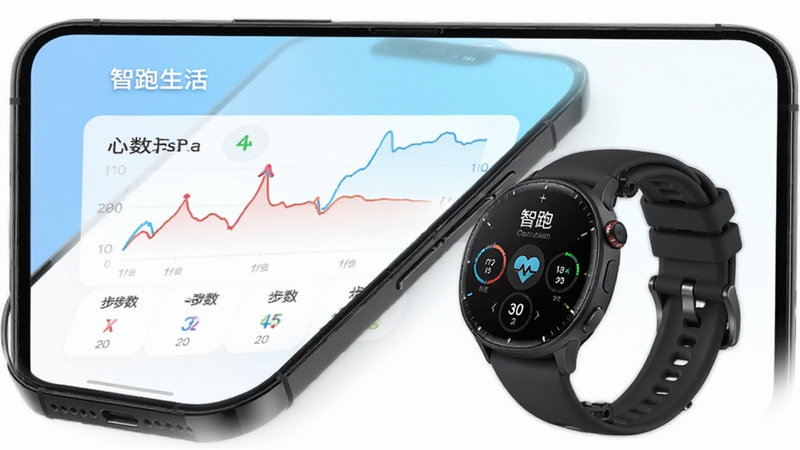 智跑生活app手表数据同步界面,手机屏幕显示心率曲线和步数统计图表,背景为浅蓝色渐变,智能手表置于手机旁,整体风格简洁科技感