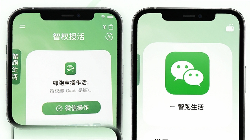 智跑生活app绑定微信操作界面,手机屏幕显示授权页面和微信图标,背景为浅绿色清新风格,强调绑定流程