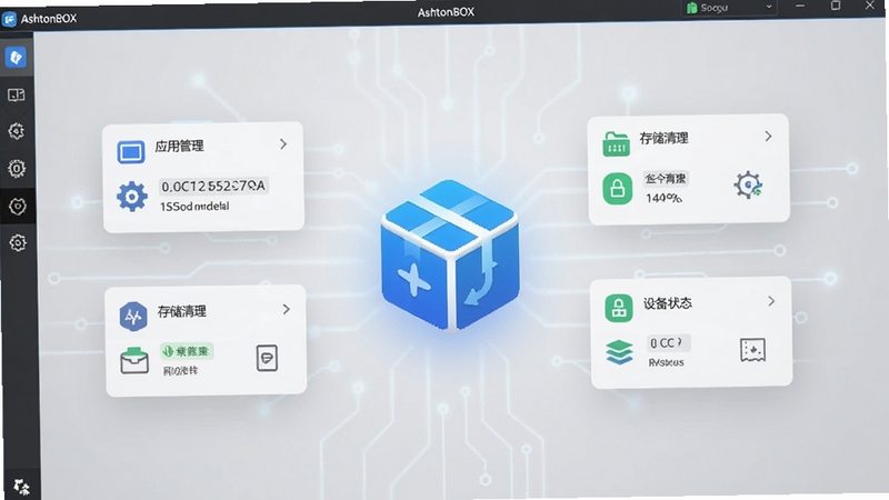 AshtonBOX软件主界面全景展示,画面中央悬浮一个蓝白配色的智能盒子图标,周围环绕应用管理、存储清理、设备状态等功能模块卡片,背景为浅灰色渐变科技风格,主体坐标居中偏上,背景区域干净简洁,适配Boogu模型生成
