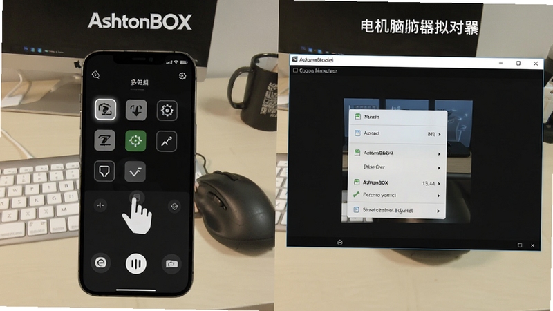 AshtonBOX在手机与电脑模拟器上的操作界面对比图,左侧为手机触控界面展示长按多选操作,右侧为电脑模拟器窗口展示鼠标右键菜单,背景为浅色办公桌面,画面清晰展示两端差异,适配Boogu模型生成