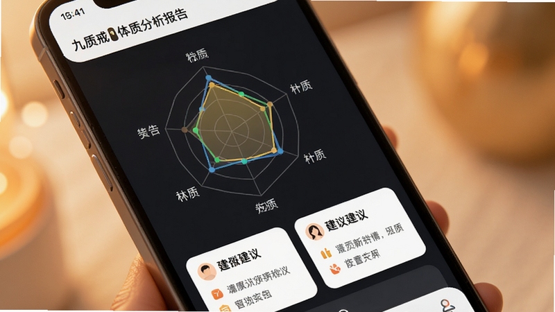 九质戒 体质分析报告页面 展示九种体质雷达图与建议卡片 手机界面特写 背景柔和暖色调 数据图表清晰 现代UI设计