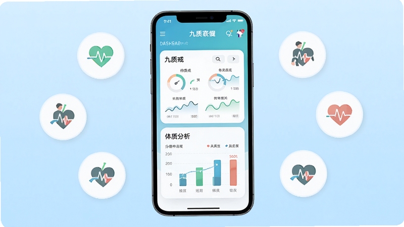 九质戒 软件主界面 展示健康数据仪表盘与体质分析图表 手机屏幕居中 背景为淡蓝色渐变 周围环绕简约健康图标 扁平化设计风格 高清渲染