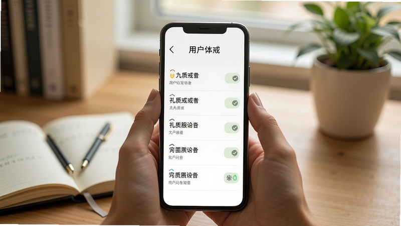 九质戒 用户问答场景 手机屏幕展示问答列表 背景为柔和书桌环境 有笔记本和绿植点缀 温馨氛围 写实风格