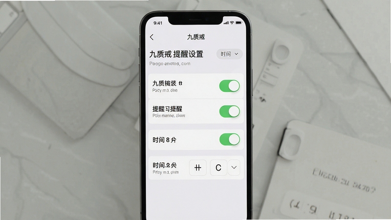 九质戒 提醒设置页面 展示多个提醒开关与时间选择器 手机界面 背景浅灰色 极简布局 开关控件清晰