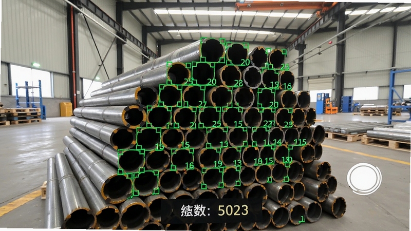 拍照计数大全自动识别计数功能演示图,画面展示手机摄像头对准一堆排列整齐的圆形钢管,屏幕上出现绿色识别框和数字序号,底部显示总数统计结果,背景为工业仓库环境,光线明亮,细节清晰