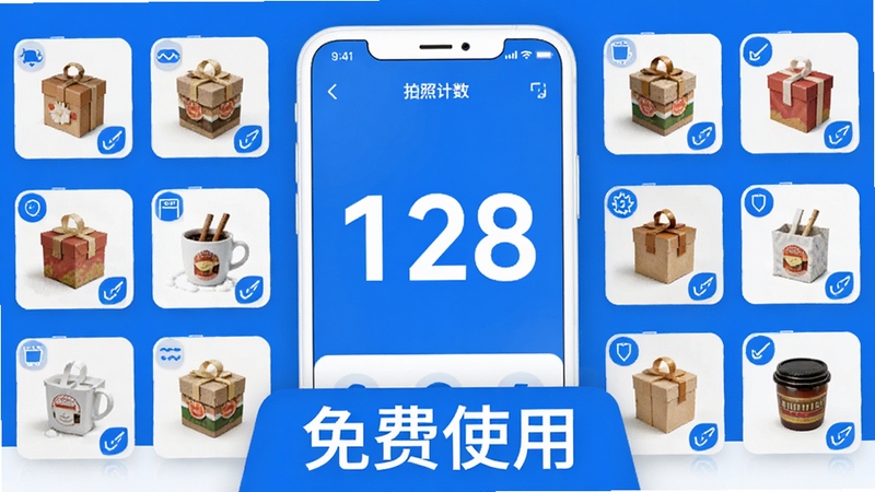 拍照计数大全免费版功能展示图,画面中央为手机屏幕显示计数结果为“128”的大数字,周围环绕着被标记的物品缩略图,底部有“免费使用”字样标识,整体配色以蓝白为主,简洁明快