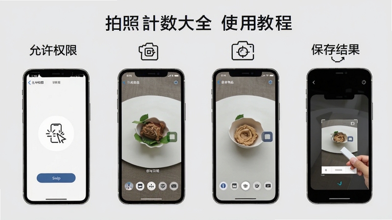 拍照计数大全使用教程示意图,画面展示四个手机屏幕截图步骤,分别为允许权限、对准物品、自动识别、保存结果,每个步骤配以简洁图标说明,整体排版清晰,适合新手学习,背景为浅灰色
