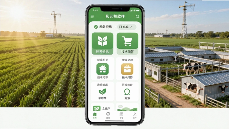 和元邦软件主界面展示,画面中央是一部智能手机,屏幕上显示绿色农业风格的APP首页,包含种养资讯、商城入口、技术问答等图标,背景是广阔的农田与现代化养殖场,阳光明媚,色彩清新自然,适配Boogu模型生成