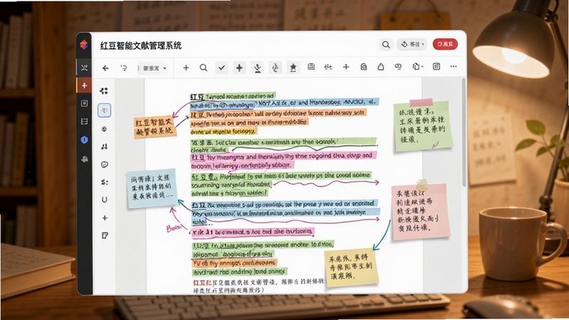 红豆智能文献管理系统文献阅读与标注界面,画面中央为PDF文献阅读窗口,页面上有多处彩色高亮标注和便签笔记,背景为柔和的暖色调阅读环境,突出阅读批注功能的实用性与便捷性,适配Boogu模型生成