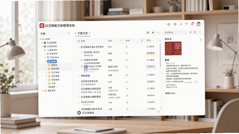 整体展示红豆智能文献管理系统主界面,画面中央为软件浅色系操作面板,左侧显示文献分类目录树,右侧为文献列表与详情预览区,背景为简洁的现代书房环境,柔和自然光线,扁平化UI风格,高清细节,适配Boogu模型生成