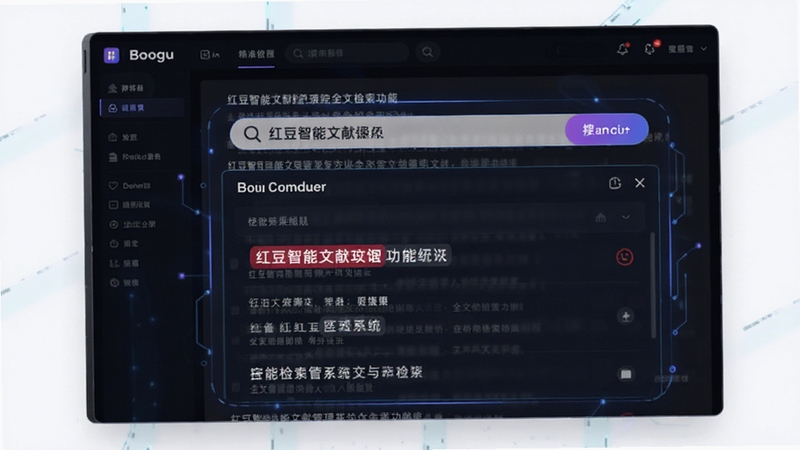 红豆智能文献管理系统全文检索功能展示,画面主体为搜索框与结果列表,关键词高亮显示,背景为深色模式下的文献阅读界面,科技感十足,突出快速定位与精准搜索能力,适配Boogu模型生成