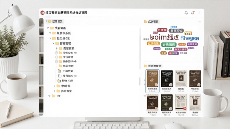 红豆智能文献管理系统分类管理界面,画面中心为树状文件夹结构,右侧展示彩色标签云与文献缩略图列表,背景为清爽的白色办公桌面环境,UI设计简洁现代,突出分类与标签管理的便捷性,适配Boogu模型生成