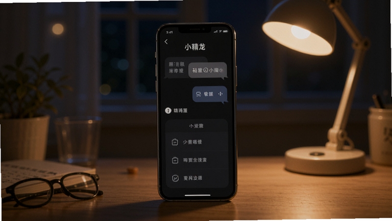 小精龙深色模式界面展示,手机屏幕呈现暗色背景下的问答对话和功能菜单,画面柔和护眼,背景为夜晚书桌台灯场景,突出夜间使用舒适感
