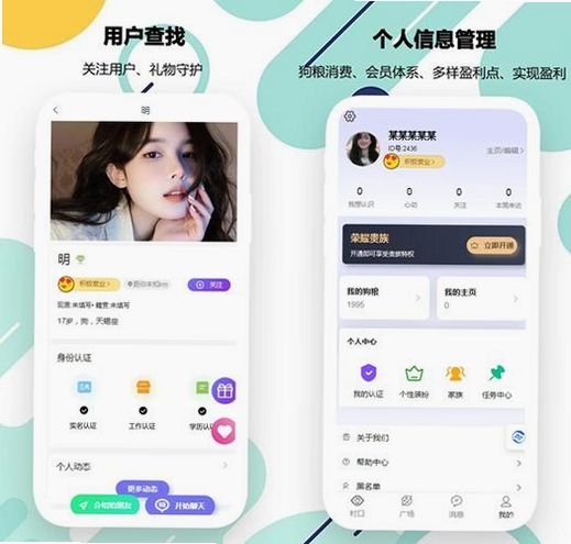 寻知己app界面展示,包含聊天列表和个人主页,体现高颜值UI设计