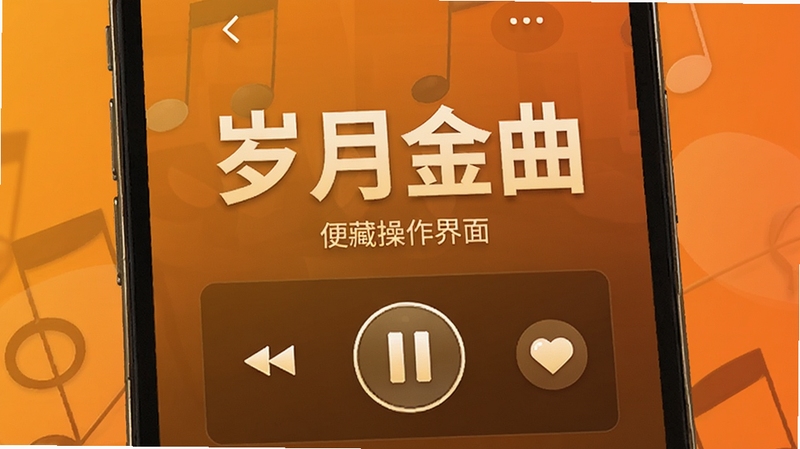 岁月金曲 便捷操作界面,画面主体为手机屏幕显示的大字体播放控制面板和收藏心形图标,背景区域为温暖的橙色渐变,突出操作的简便与视觉的舒适