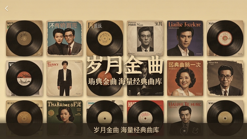 岁月金曲 海量经典曲库界面,画面主体为整齐排列的唱片封面墙,背景区域为柔和的米黄色调,展示不同年代的音乐专辑封面,体现曲库的丰富性与年代感