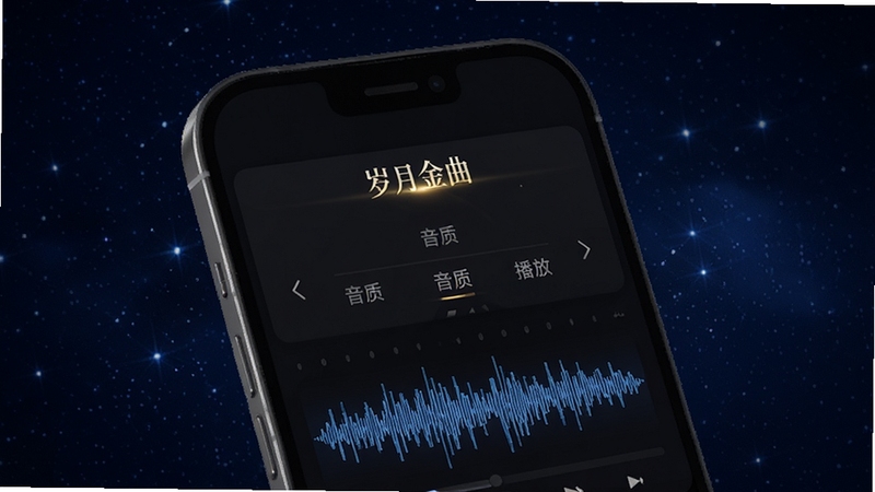 岁月金曲 无损音质播放界面,画面主体为手机屏幕特写,显示音质选择菜单和高品质音频波形图,背景区域为深邃的星空蓝色调,突出音质的纯净与高级感