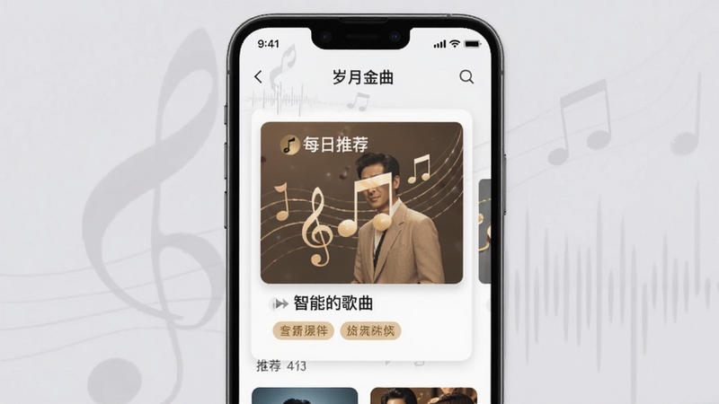 岁月金曲 智能推荐页面展示,画面主体为手机界面中的每日推荐歌单卡片,背景区域为淡雅的浅灰色,卡片上带有音乐符号和推荐标签,体现智能推荐功能