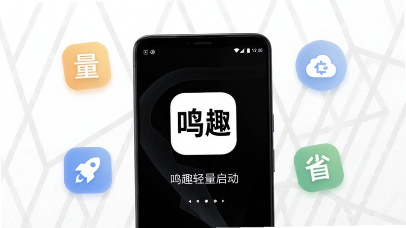 鸣趣轻量启动概念图,画面主体为一部安卓手机屏幕显示鸣趣应用秒开界面,背景为干净的白色与淡灰色几何线条,手机周围漂浮着轻量、快速、省空间的抽象图标,体现鸣趣低占用特性