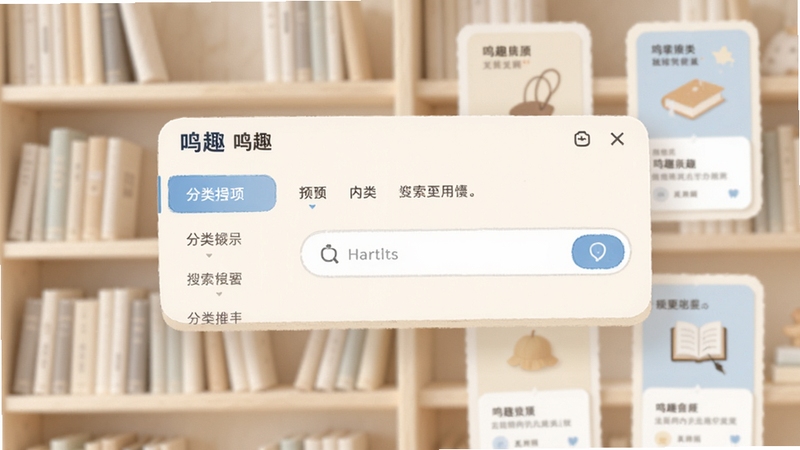 鸣趣内容分类检索界面示意图,画面中心为鸣趣应用内的分类导航栏与搜索框,背景为柔和的书架与卡片式布局,色彩以米白与浅蓝为主,展现鸣趣内容浏览的便捷性