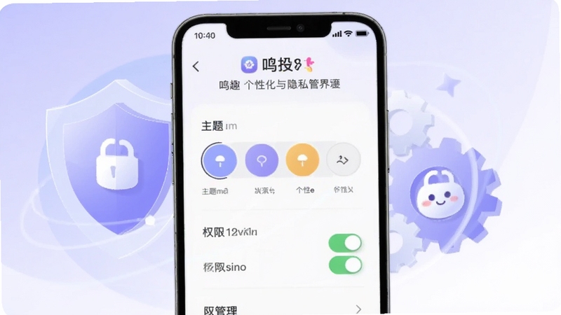 鸣趣个性化与隐私管理界面,画面中心为鸣趣应用的设置页面,展示主题切换与权限管理开关,背景为淡紫色与白色渐变的抽象盾牌与齿轮元素,体现安全与个性