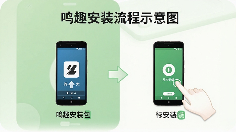 鸣趣安装流程示意图,画面展示一部安卓手机从下载鸣趣安装包到点击安装完成的四个步骤,背景为浅绿色与白色搭配的简洁风格,突出安装过程清晰易懂