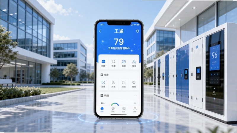 工巢智能柜管理软件界面全貌展示,画面中央为手机屏幕显示工巢APP主页面,背景为现代化办公园区与智能柜设备,整体色调科技蓝与白色,简洁明亮,突出智能管理与高效便捷的产品气质