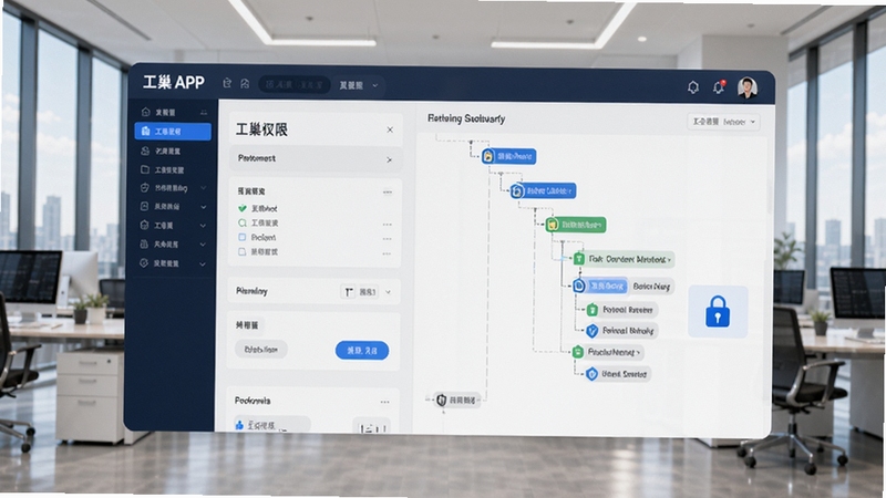 工巢多角色权限管理界面示意图,画面主体为工巢APP权限设置页面与组织架构树状图,背景为现代化企业办公环境,简洁商务风格,突出层级清晰与安全可控的管理理念