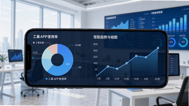 工巢数据看板与统计图表展示,手机屏幕显示工巢APP使用率饼图与领取趋势折线图,背景为明亮的数据分析办公场景,蓝白配色突出专业与智能