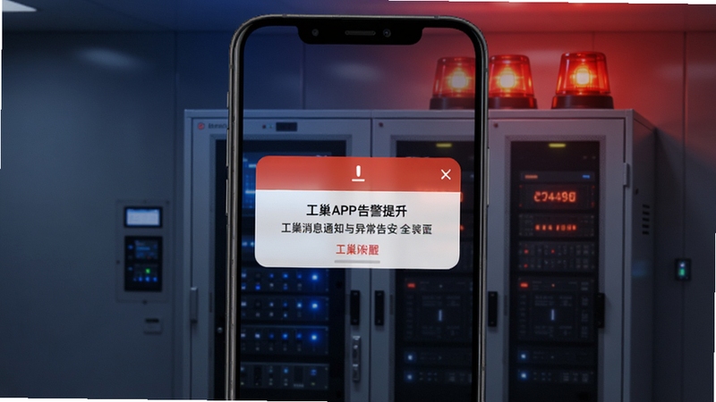 工巢消息通知与异常告警界面,手机屏幕弹出工巢APP告警提示框,背景为智能柜设备与警示灯效果,红蓝对比色调突出及时提醒与安全防护