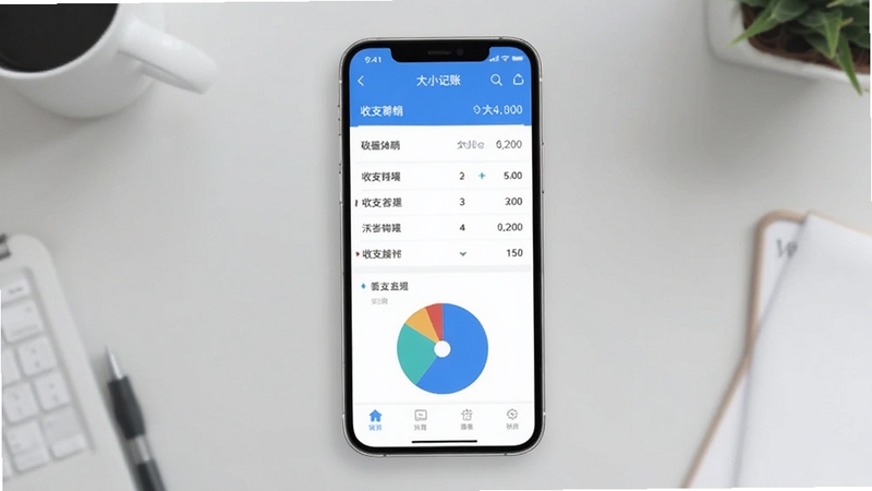 大小记账软件主界面全貌展示,画面中央为手机屏幕正视图,屏幕内显示蓝色与白色为主的记账应用界面,包含收支明细列表和饼状图统计,背景为浅灰色桌面环境,整体风格简洁清新,适配Boogu模型生成