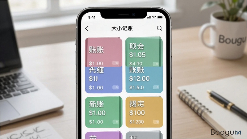 大小记账多账本管理功能界面,画面展示手机屏幕中多个彩色账本卡片排列,每个卡片标注不同账本名称和金额,背景为书桌场景,风格商务简约,适配Boogu模型生成