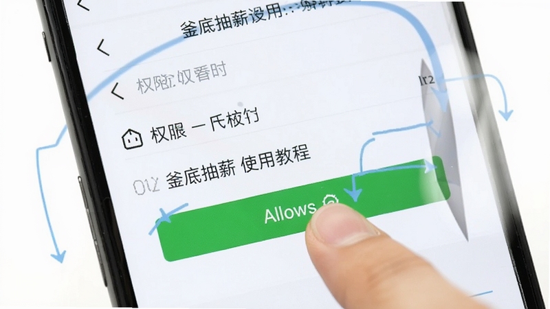 釜底抽薪使用教程示意图,手机屏幕展示权限设置页面,手指点击允许按钮,背景为纯白色,画面清晰明亮