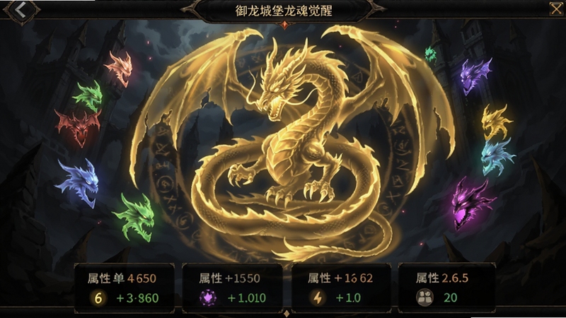 御龙城堡龙魂觉醒界面图,画面中央是一条盘旋的金色巨龙虚影,周围环绕着不同颜色的龙魂碎片,界面下方显示属性加成数值,整体呈现神秘的魔法光效
