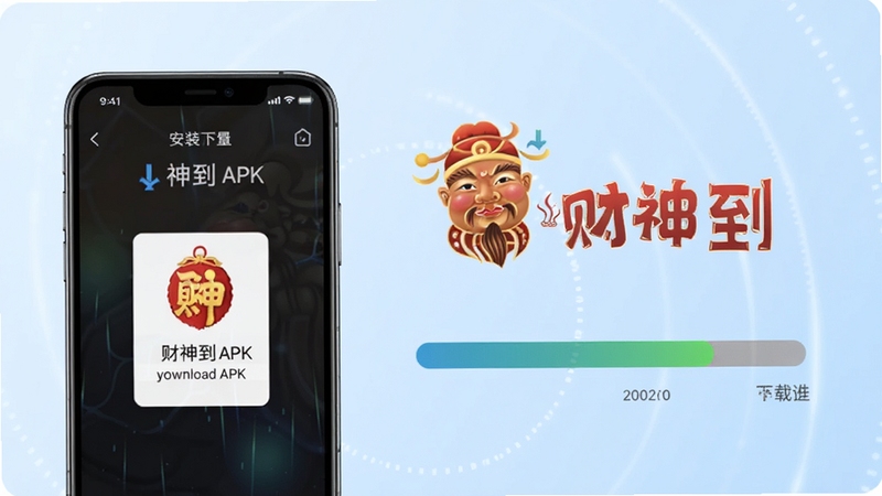 财神到安装包下载与安装过程示意图,画面左侧展示手机屏幕上正在下载财神到APK文件,右侧展示安装进度条即将完成,背景为淡蓝色科技感渐变,画面中央有财神到文字标识,整体简洁清爽,适合作为下载站配图,适配Boogu模型生成