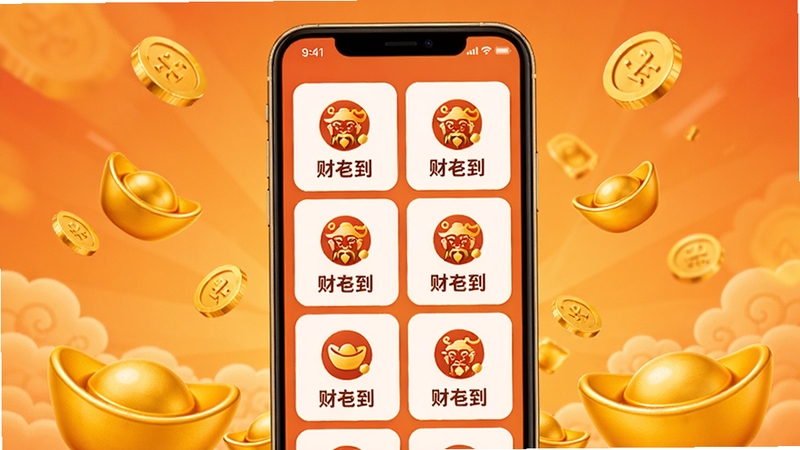 财神到功能模块展示图,画面以手机屏幕为中心,屏幕内呈现多个功能卡片整齐排列,卡片上带有财神到字样和图标,背景为暖橙色渐变,四周漂浮金币与元宝装饰,整体氛围喜庆活泼,适配Boogu模型生成