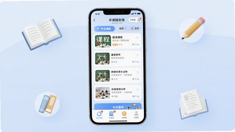 一款名为华清园在线的手机应用主界面展示,画面主体为一部智能手机居中放置,屏幕显示课程列表与社区服务入口,背景为浅蓝色渐变柔和色调,周围点缀书本、铅笔等学习元素图标,整体风格清新简约,适配Boogu模型生成