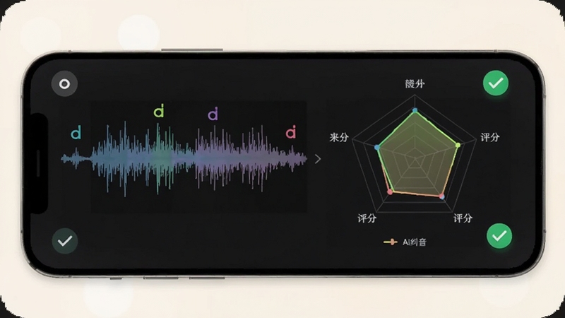 阿美英语AI纠音界面,手机屏幕显示发音波形图与评分雷达图,背景为柔和米白色,画面中有彩色音标标注和绿色对勾图标,突出智能评测氛围