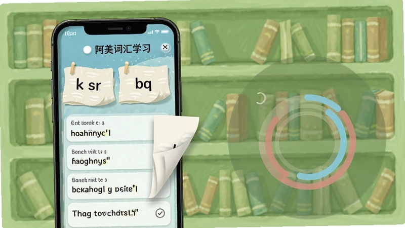阿美英语词汇学习页面,手机屏幕展示单词卡片与例句列表,背景为浅绿色书架风格,画面中有翻页动画效果和进度圆环,体现学习积累的成就感