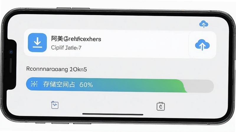 阿美英语离线下载管理界面,手机屏幕显示已缓存课程列表与存储空间占用条,背景为淡灰色极简风格,画面中有下载箭头图标和云同步符号