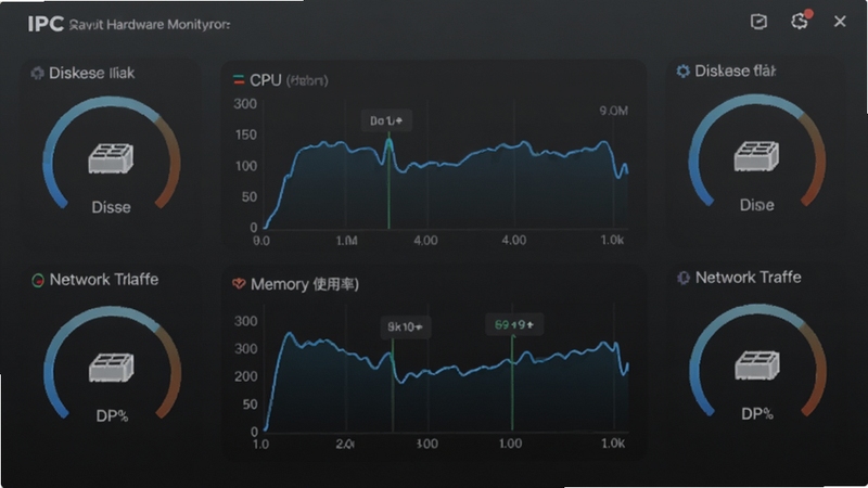 AIPC 实时硬件监控面板,画面中心为 CPU 与内存使用率曲线图,周围分布磁盘与网络流量指示器,背景为深灰渐变,带有蓝色数据光效,适配 Boogu 模型生成