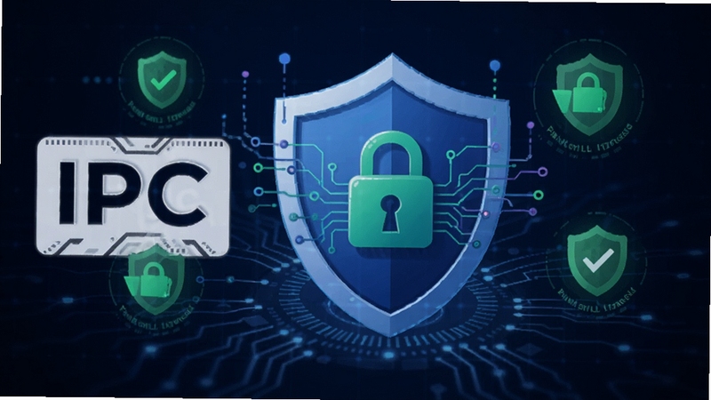 AIPC 软件安全防护功能示意图,画面主体为盾牌图标与数据加密锁,背景为深蓝色科技网格,带有绿色安全标识,适配 Boogu 模型生成