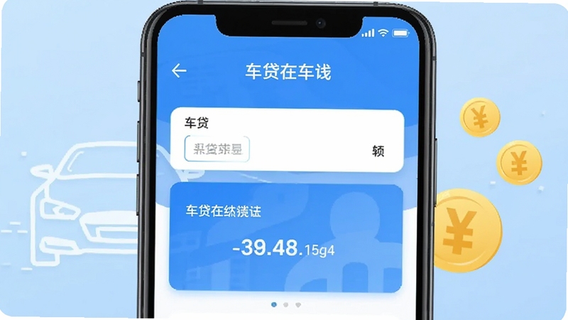 画面中央展示一部智能手机,屏幕上显示车贷在线应用主界面,包含车贷计算器输入框与月供结果卡片,背景为浅蓝色渐变,左右两侧分别点缀汽车轮廓线条与金币图标,整体风格清爽简洁,适合下载站配图