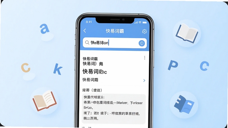 快易词霸软件主界面概览图,画面中央展示一部智能手机,屏幕内呈现快易词霸词典查询界面,上方搜索框输入英文单词,下方显示中文释义与例句,背景为柔和浅蓝色渐变,周围点缀悬浮的字母与书本图标,整体风格清爽简约,适配Boogu模型生成