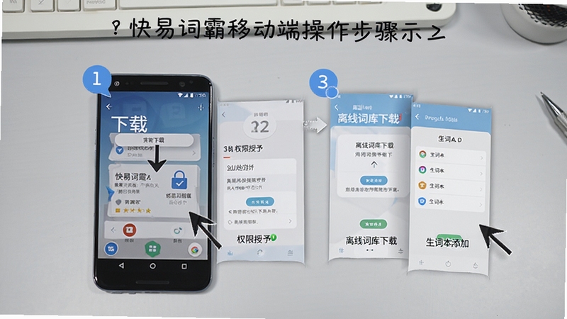 快易词霸移动端操作步骤示意图,画面为一部安卓手机,屏幕上分步骤展示下载安装、权限授予、离线词库下载、生词本添加四个操作界面,每个步骤用数字标签标注,背景为浅灰色工作台面,整体风格为教程图解样式,适配Boogu模型生成