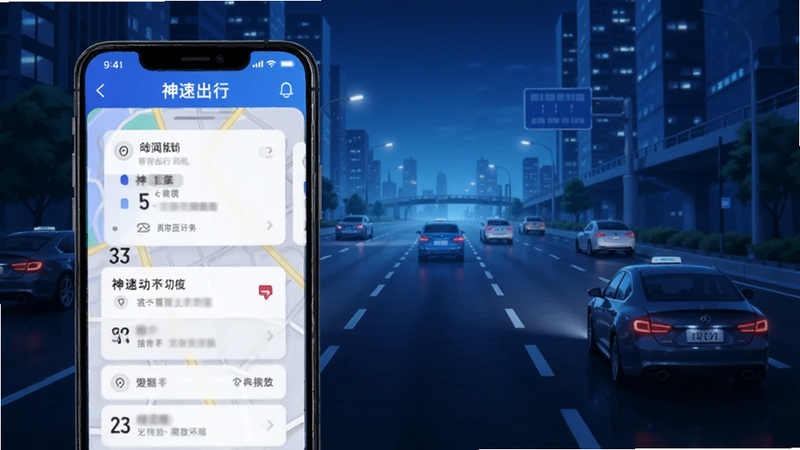 神速出行司机端智能订单推送界面,手机屏幕显示地图和订单卡片,背景为城市道路和车辆,科技感蓝色调