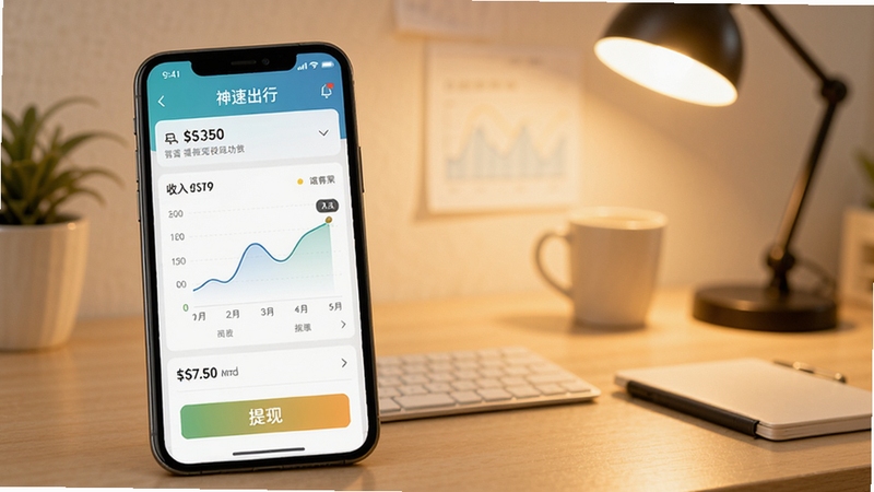神速出行司机端收入统计与提现功能展示,手机屏幕显示收入图表和提现按钮,背景为简洁办公桌面,暖色调