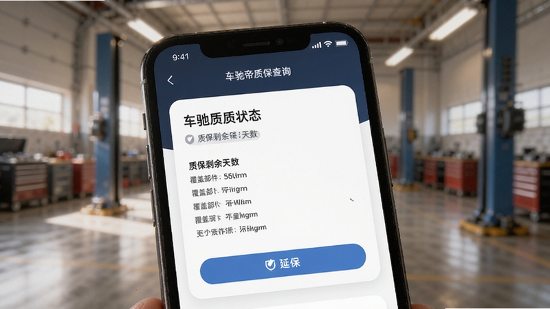 车驰帝质保查询页面特写,画面主体为手机屏幕显示车辆质保状态卡片,包含质保剩余天数、覆盖部件列表与延保按钮,背景为车库场景虚化处理,光线柔和,突出数字化服务氛围,适配Boogu模型生成